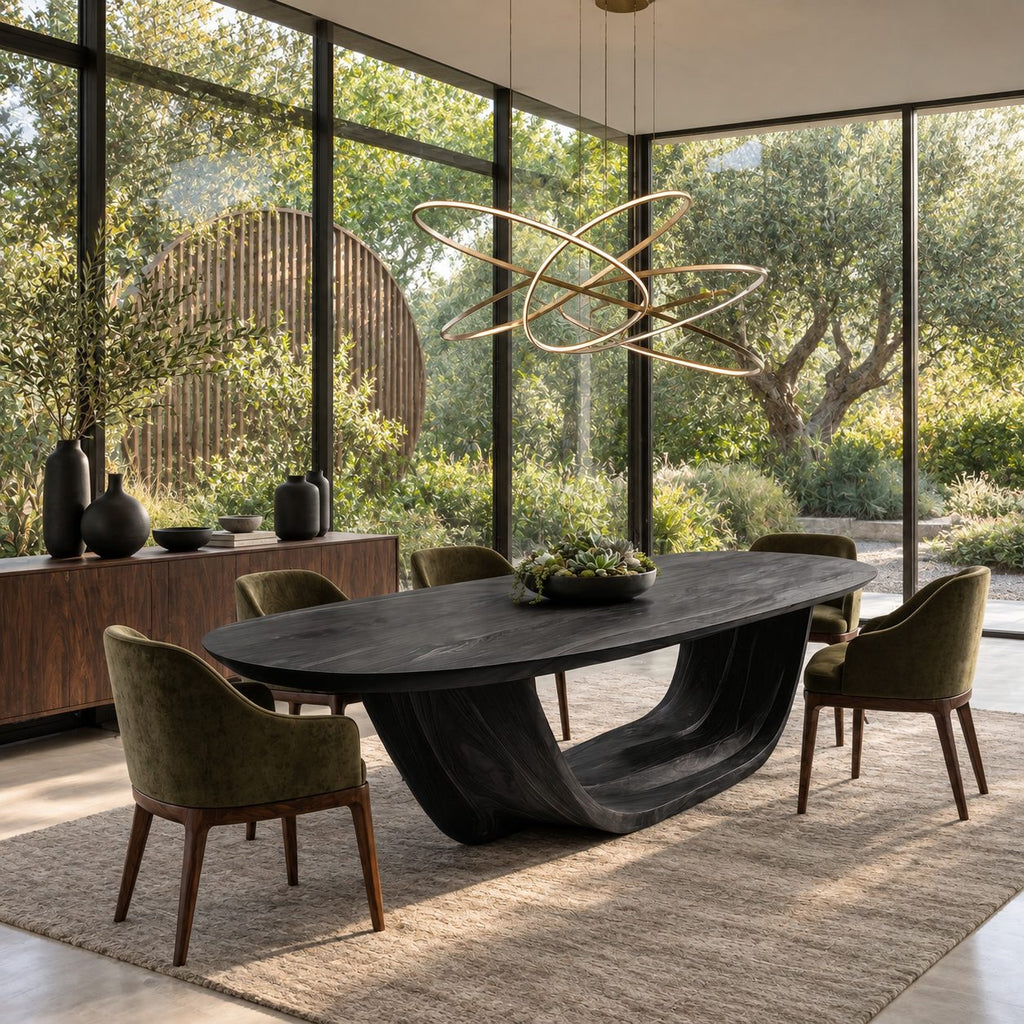 Cradle Base Oval Dining Table, Solid Wood Top on an Open Sweeping Sculptural Base, Seats 6 to 12