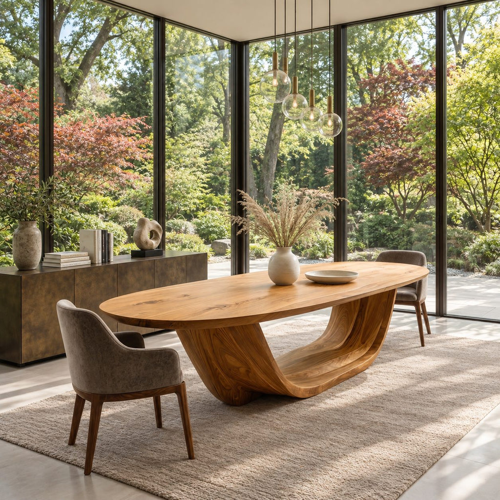 Cradle Base Oval Dining Table, Solid Wood Top on an Open Sweeping Sculptural Base, Seats 6 to 12