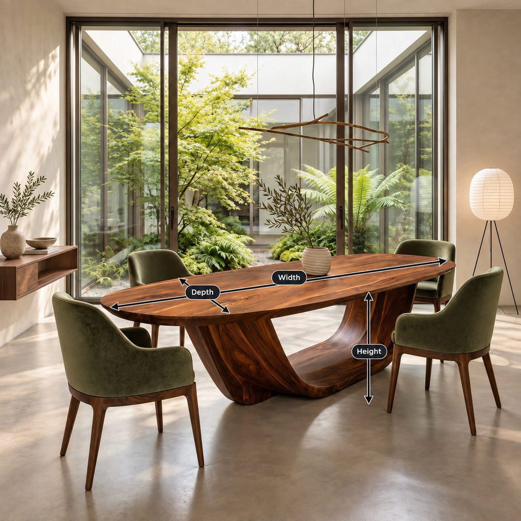 Cradle Base Oval Dining Table, Solid Wood Top on an Open Sweeping Sculptural Base, Seats 6 to 12