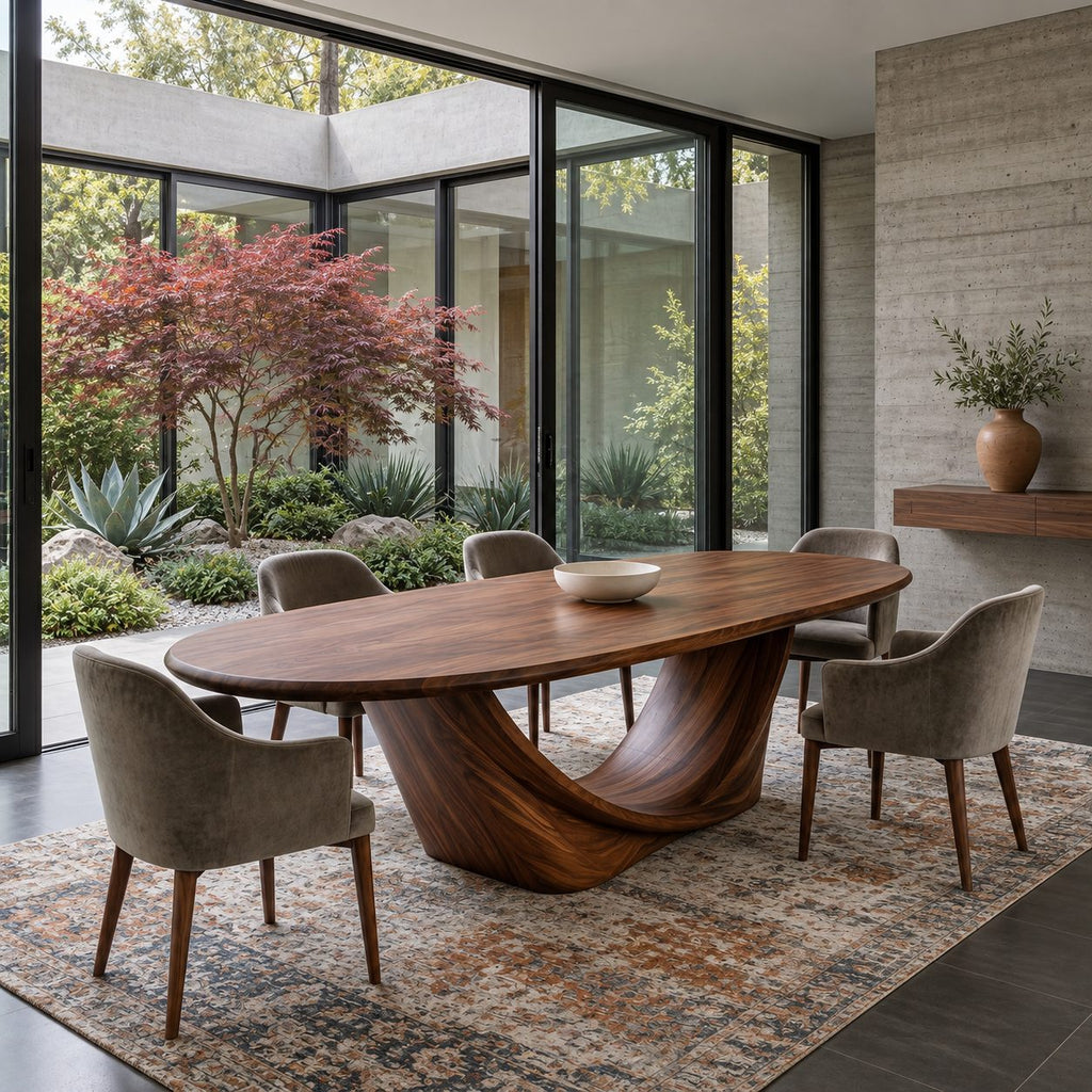 Wishbone Pedestal Oval Dining Table, Carved Solid Wood Base with Two Sweeping Arms, Seats 6 to 12