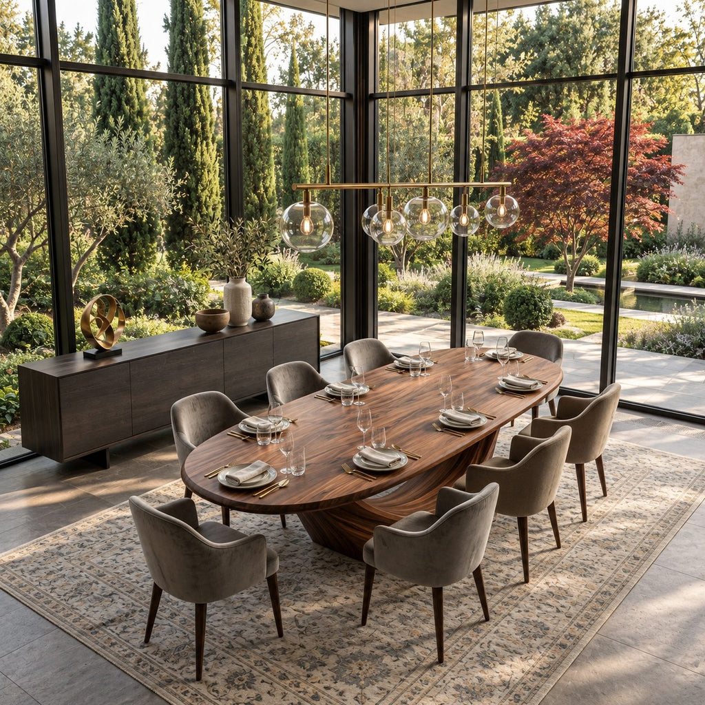 Wishbone Pedestal Oval Dining Table, Carved Solid Wood Base with Two Sweeping Arms, Seats 6 to 12