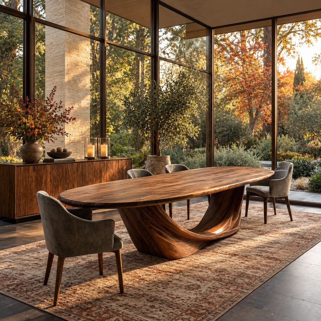 Wishbone Pedestal Oval Dining Table, Carved Solid Wood Base with Two Sweeping Arms, Seats 6 to 12