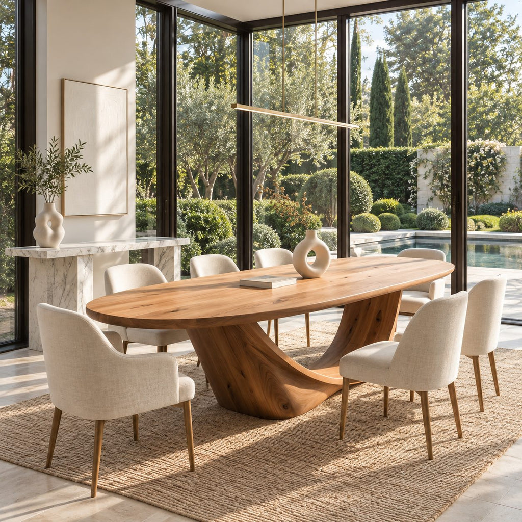 Wishbone Pedestal Oval Dining Table, Carved Solid Wood Base with Two Sweeping Arms, Seats 6 to 12