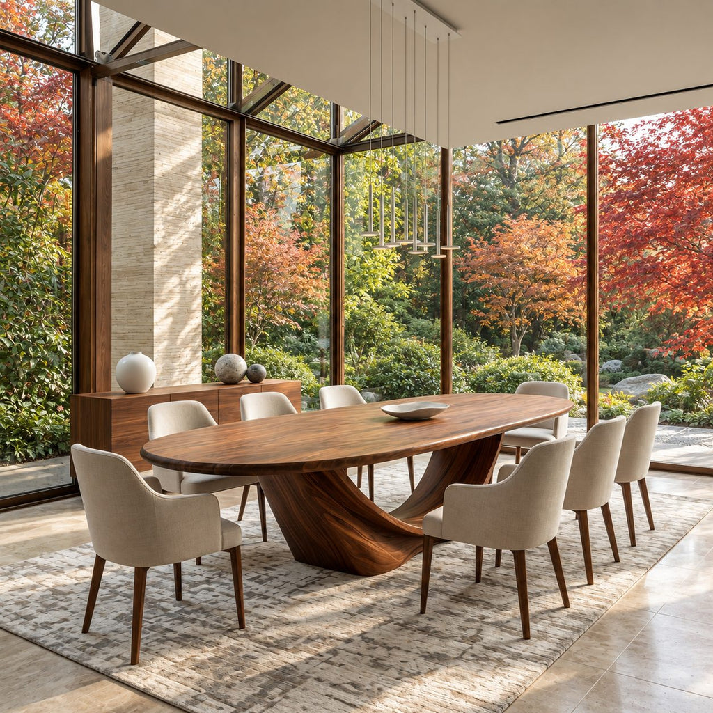 Wishbone Pedestal Oval Dining Table, Carved Solid Wood Base with Two Sweeping Arms, Seats 6 to 12
