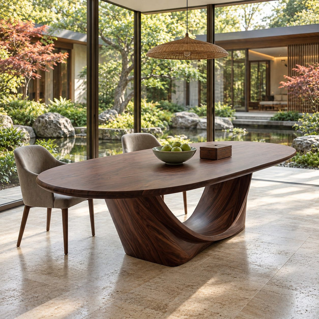 Wishbone Pedestal Oval Dining Table, Carved Solid Wood Base with Two Sweeping Arms, Seats 6 to 12