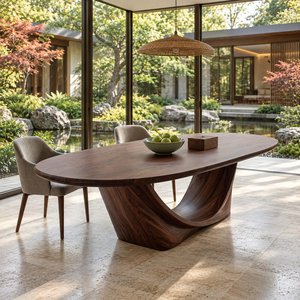 Wishbone Pedestal Oval Dining Table, Carved Solid Wood Base with Two Sweeping Arms, Seats 6 to 12