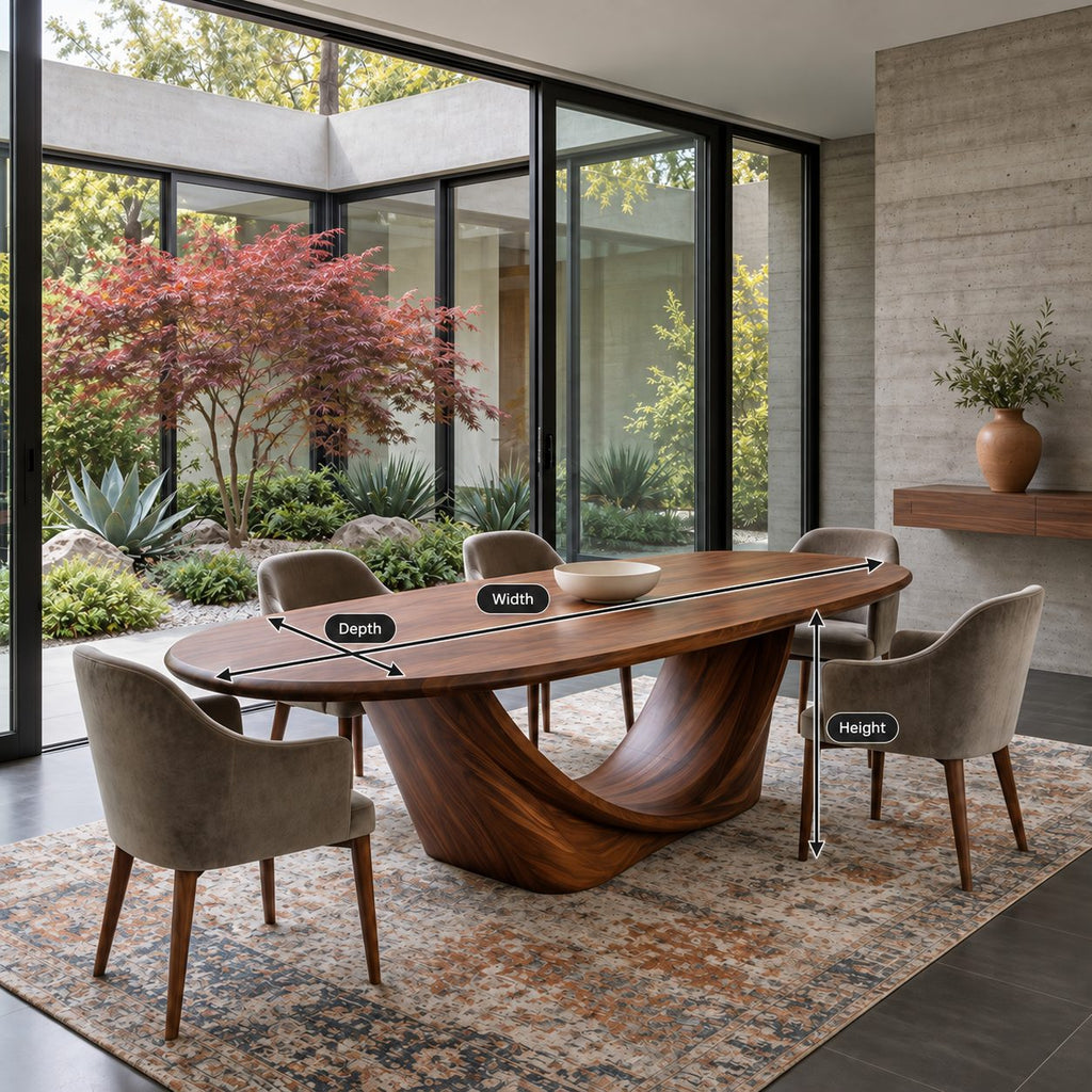 Wishbone Pedestal Oval Dining Table, Carved Solid Wood Base with Two Sweeping Arms, Seats 6 to 12