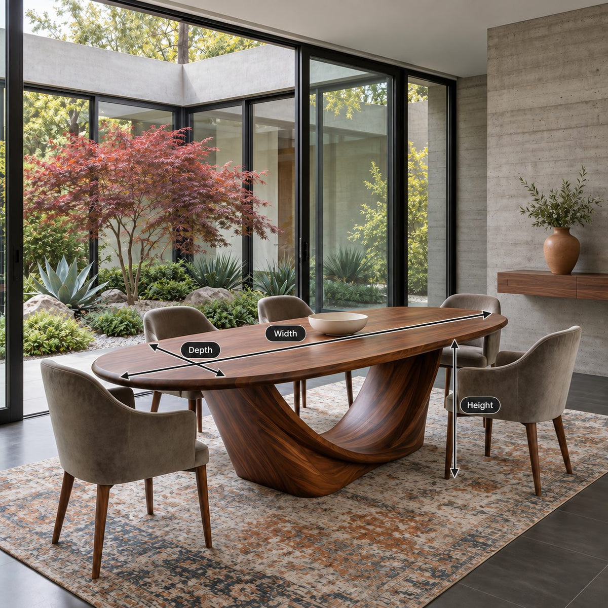 Wishbone Pedestal Oval Dining Table, Carved Solid Wood Base with Two Sweeping Arms, Seats 6 to 12