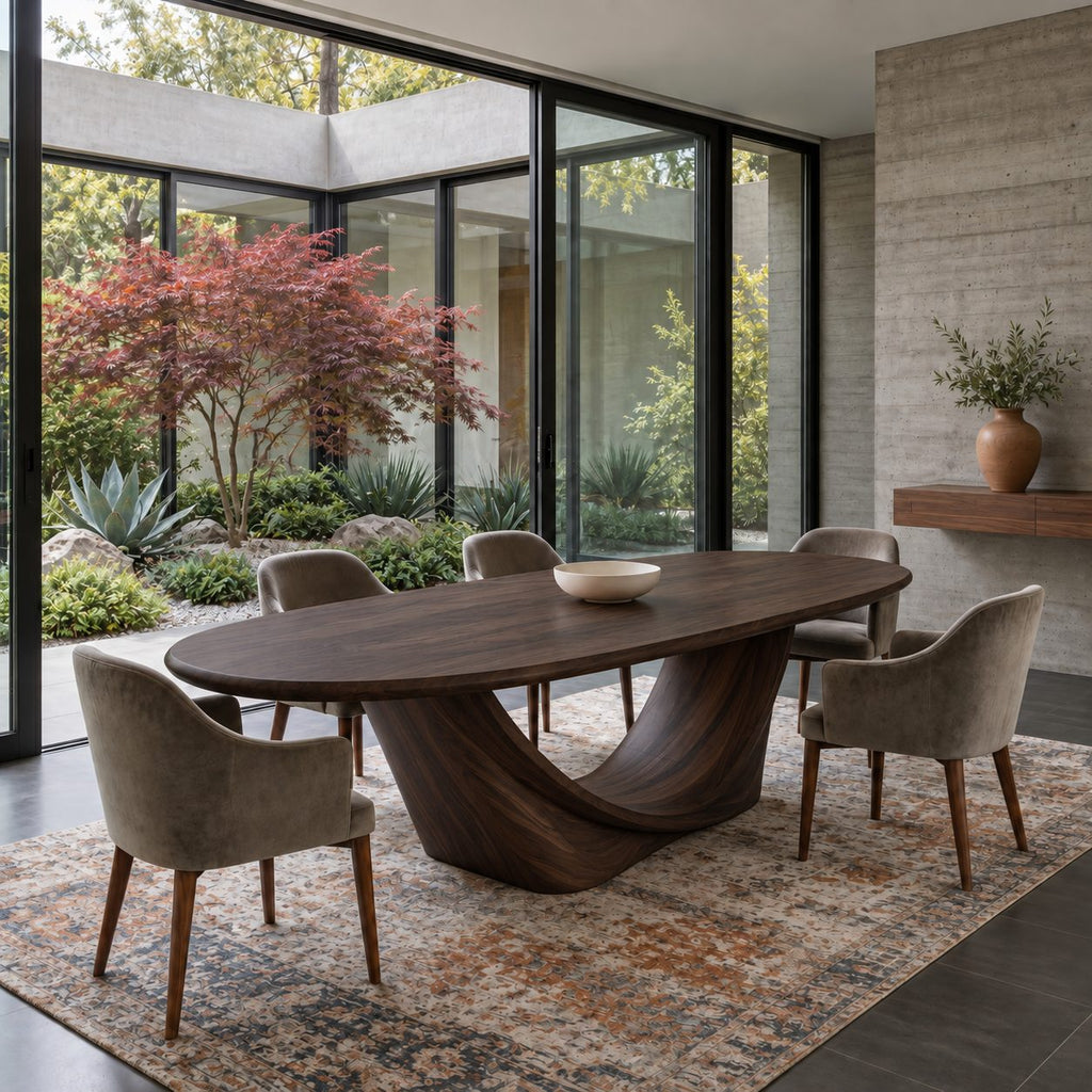 Wishbone Pedestal Oval Dining Table, Carved Solid Wood Base with Two Sweeping Arms, Seats 6 to 12