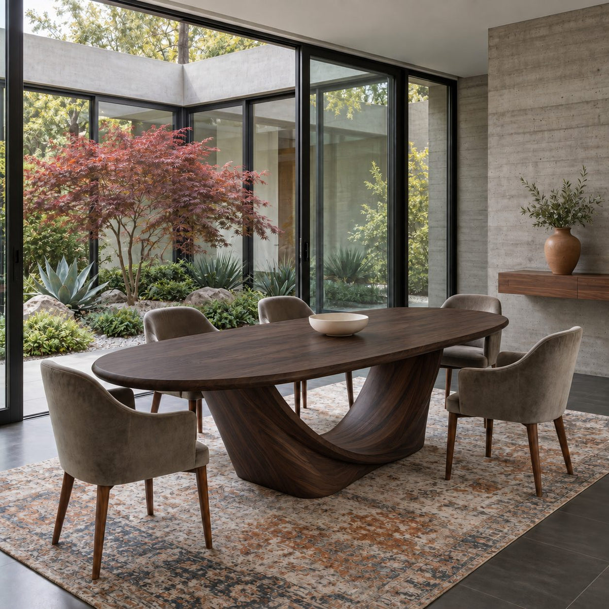 Wishbone Pedestal Oval Dining Table, Carved Solid Wood Base with Two Sweeping Arms, Seats 6 to 12