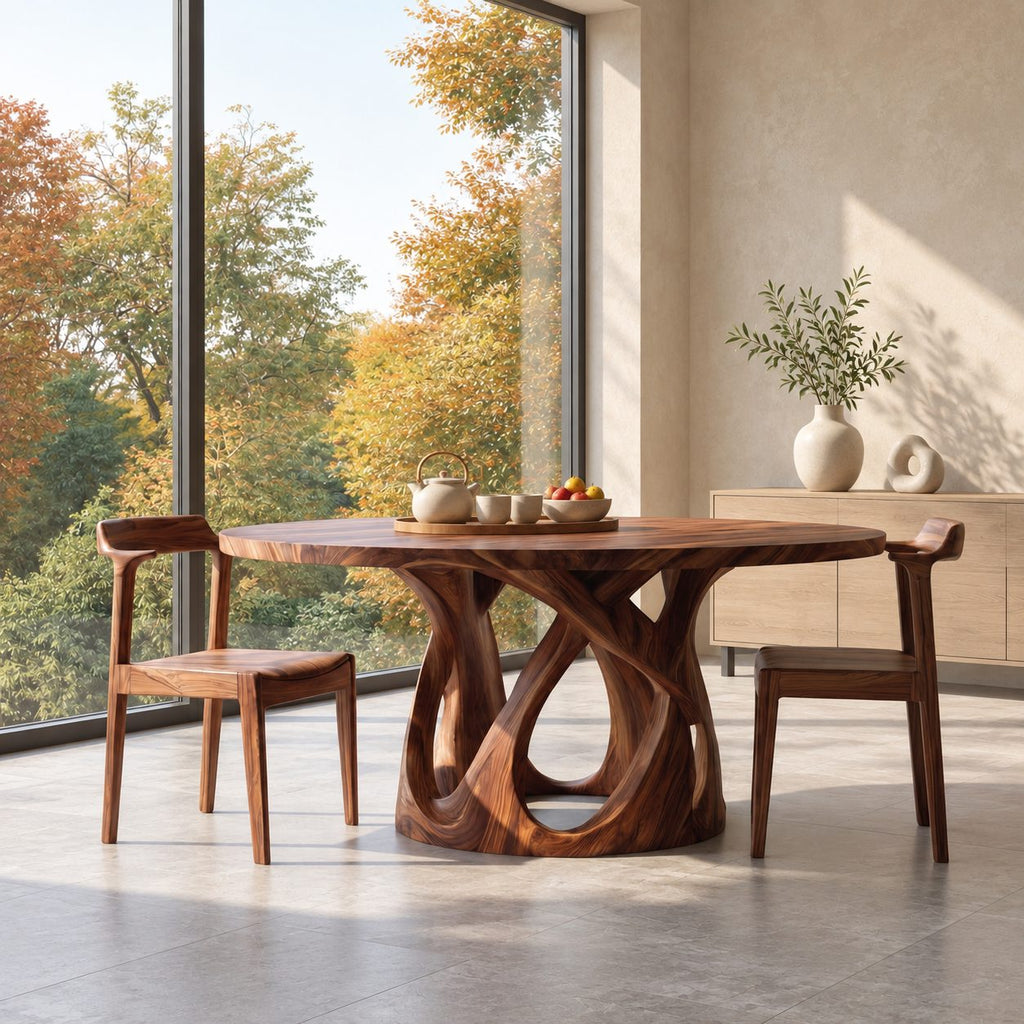 Looped Base Round Dining Table, Solid Wood Top on an Interlaced Open Carved Pedestal, 32 to 59 Inch