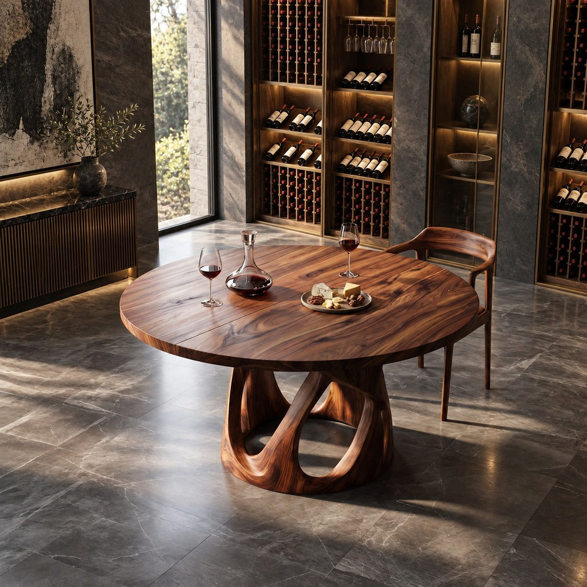 Looped Base Round Dining Table, Solid Wood Top on an Interlaced Open Carved Pedestal, 32 to 59 Inch