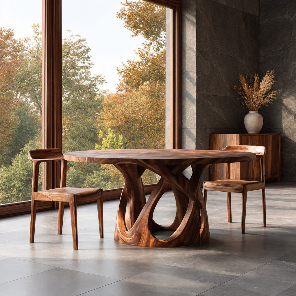 Looped Base Round Dining Table, Solid Wood Top on an Interlaced Open Carved Pedestal, 32 to 59 Inch