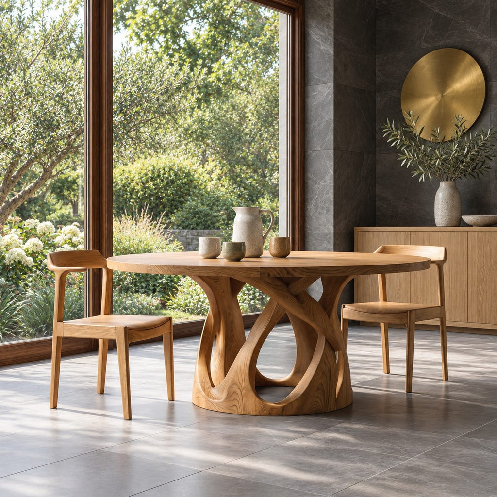 Looped Base Round Dining Table, Solid Wood Top on an Interlaced Open Carved Pedestal, 32 to 59 Inch