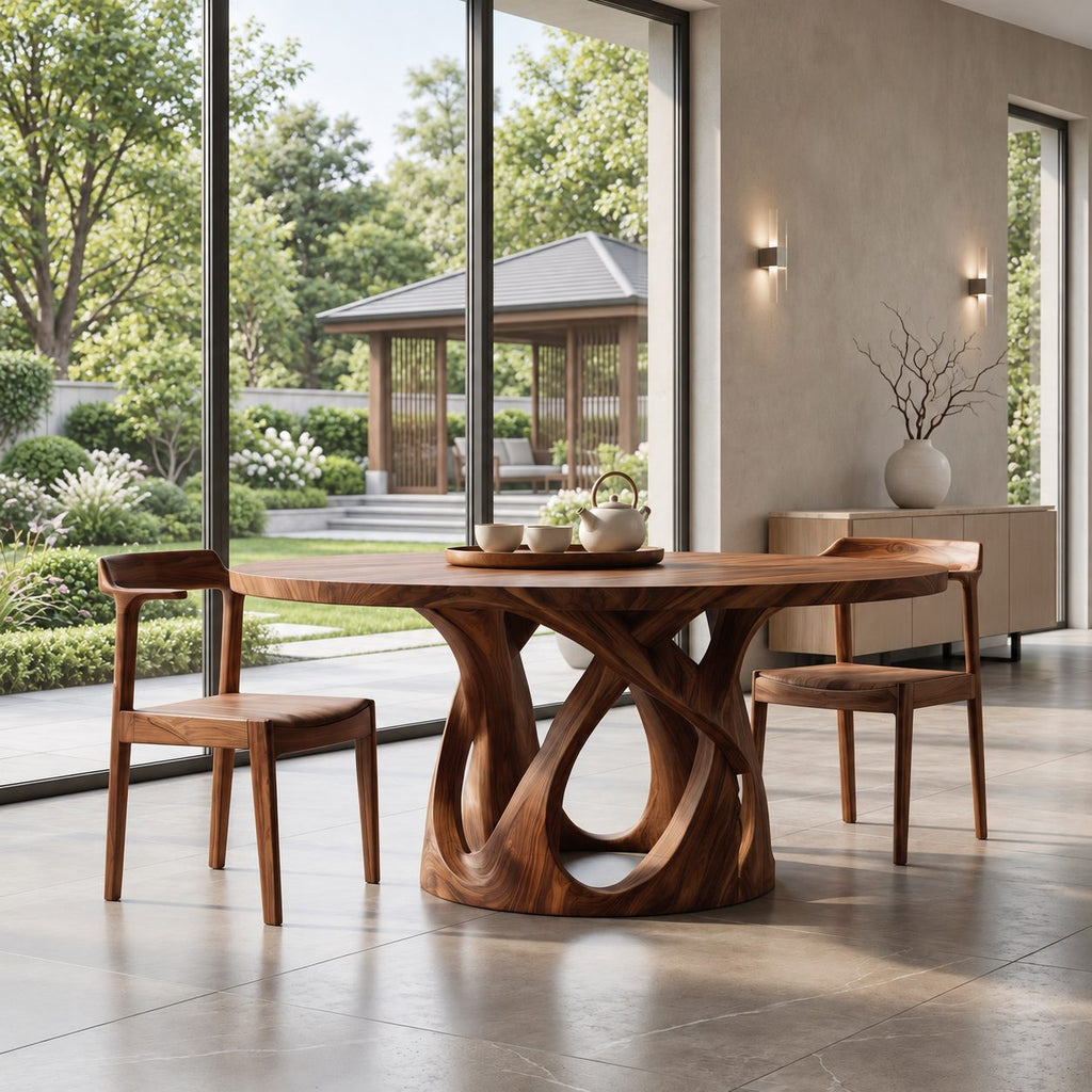 Looped Base Round Dining Table, Solid Wood Top on an Interlaced Open Carved Pedestal, 32 to 59 Inch