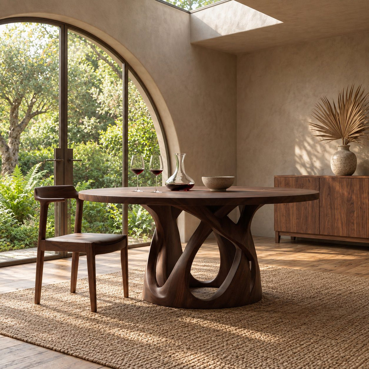Looped Base Round Dining Table, Solid Wood Top on an Interlaced Open Carved Pedestal, 32 to 59 Inch