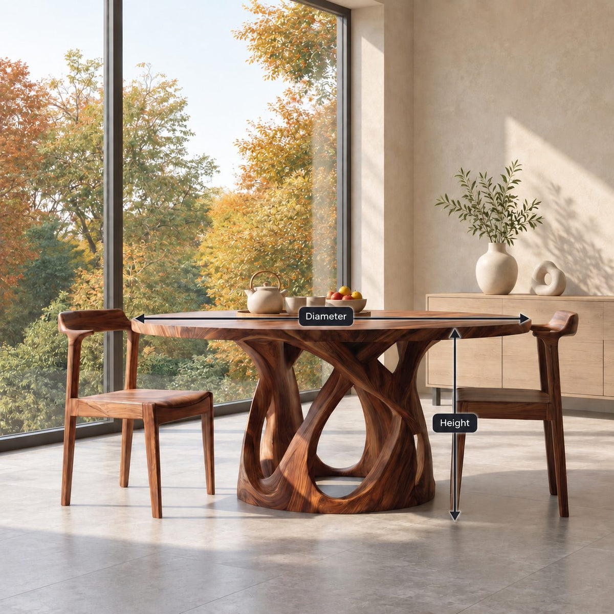 Looped Base Round Dining Table, Solid Wood Top on an Interlaced Open Carved Pedestal, 32 to 59 Inch