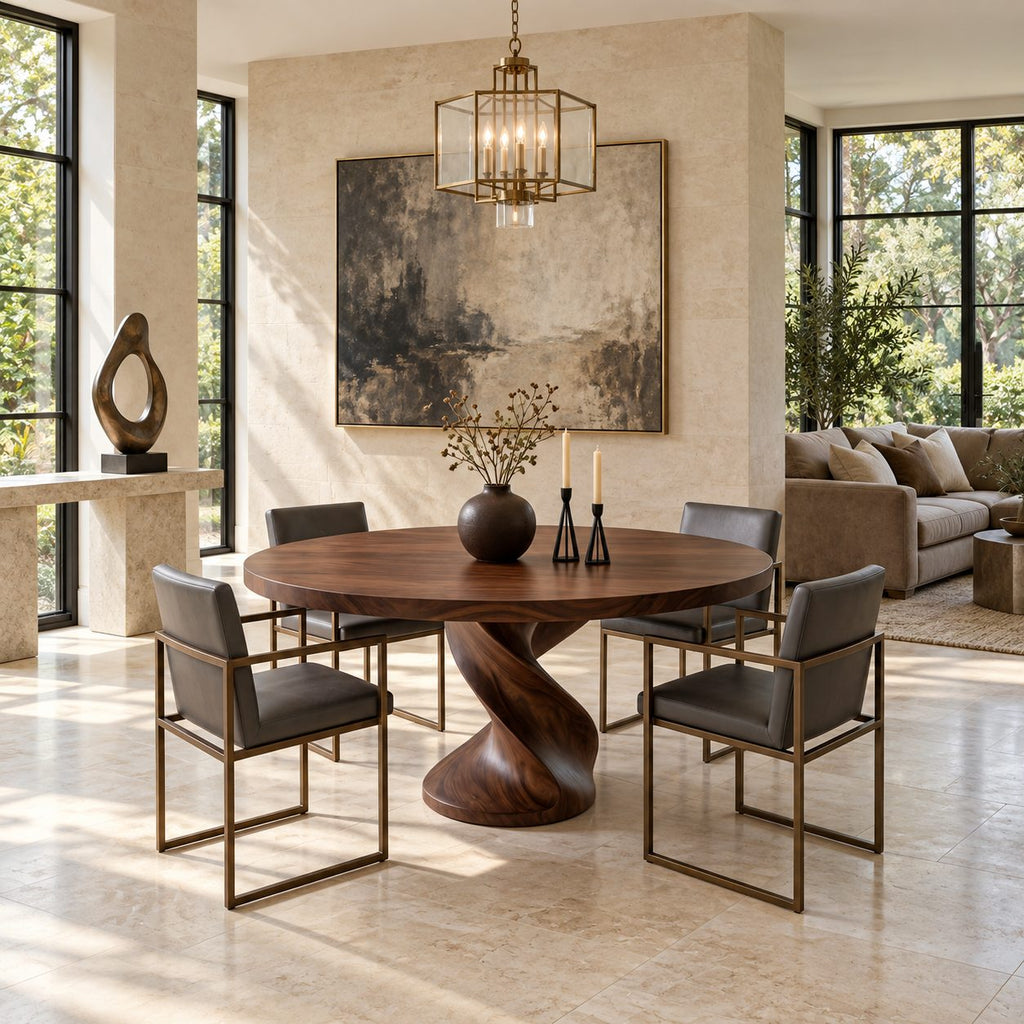 Spiral Pedestal Round Dining Table, Solid Wood Top on a Wide Swirling Carved Base, 32 to 59 Inch