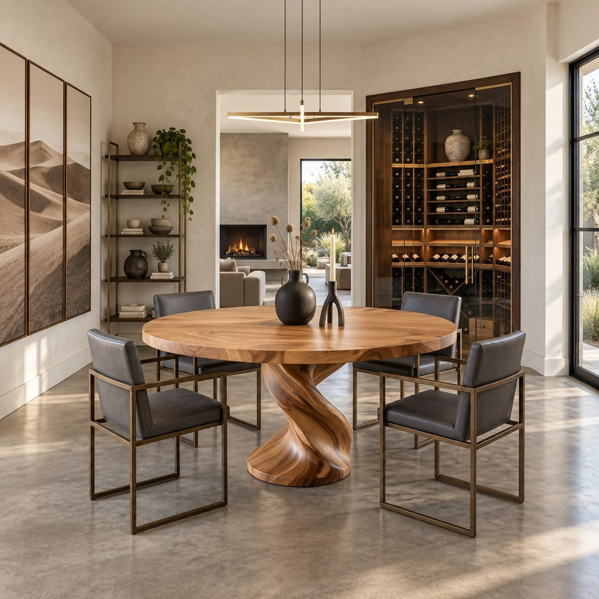 Spiral Pedestal Round Dining Table, Solid Wood Top on a Wide Swirling Carved Base, 32 to 59 Inch