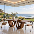 Double Loop Dining Table, Rectangular Solid Wood Top on Two Deep U-Shaped Carved Loops, Seats 6 to 12