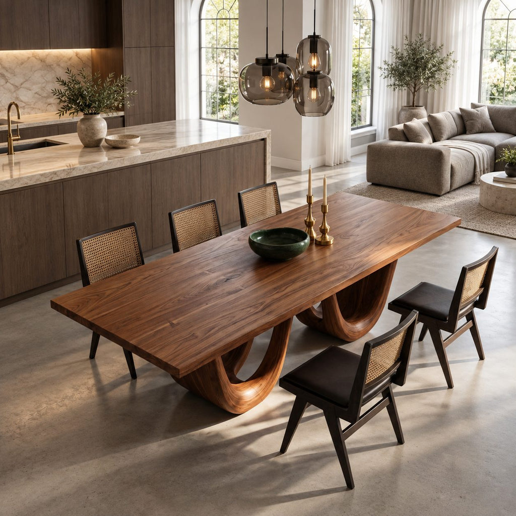 Double Loop Dining Table, Rectangular Solid Wood Top on Two Deep U-Shaped Carved Loops, Seats 6 to 12