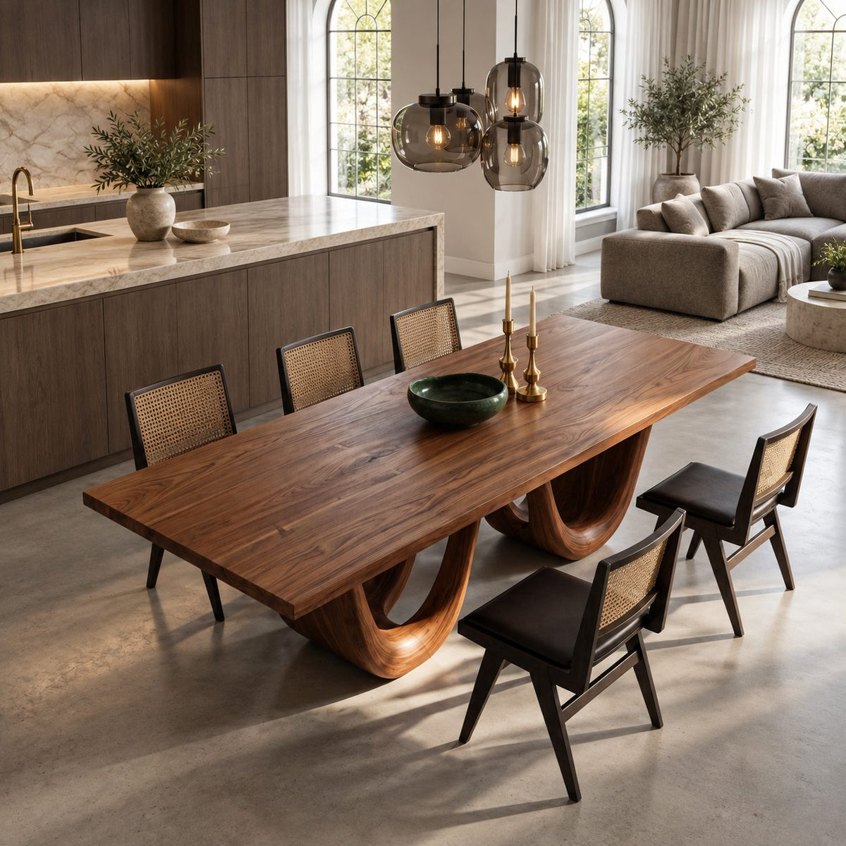 Double Loop Dining Table, Rectangular Solid Wood Top on Two Deep U-Shaped Carved Loops, Seats 6 to 12