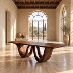 Double Loop Dining Table, Rectangular Solid Wood Top on Two Deep U-Shaped Carved Loops, Seats 6 to 12
