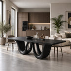 Double Loop Dining Table, Rectangular Solid Wood Top on Two Deep U-Shaped Carved Loops, Seats 6 to 12