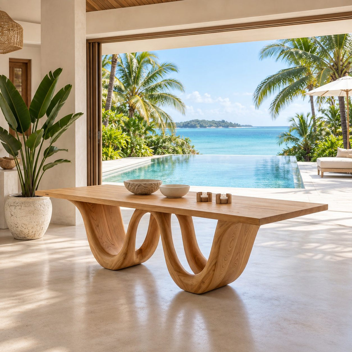 Double Loop Dining Table, Rectangular Solid Wood Top on Two Deep U-Shaped Carved Loops, Seats 6 to 12