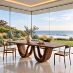 Double Loop Dining Table, Rectangular Solid Wood Top on Two Deep U-Shaped Carved Loops, Seats 6 to 12