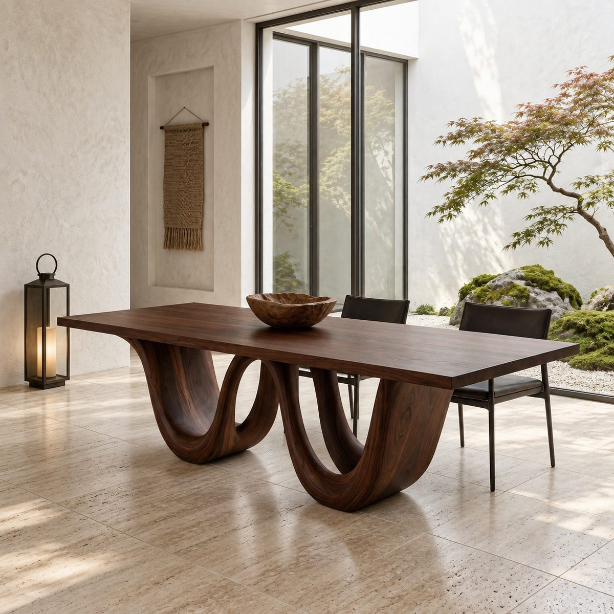 Double Loop Dining Table, Rectangular Solid Wood Top on Two Deep U-Shaped Carved Loops, Seats 6 to 12