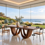 Double Loop Dining Table, Rectangular Solid Wood Top on Two Deep U-Shaped Carved Loops, Seats 6 to 12