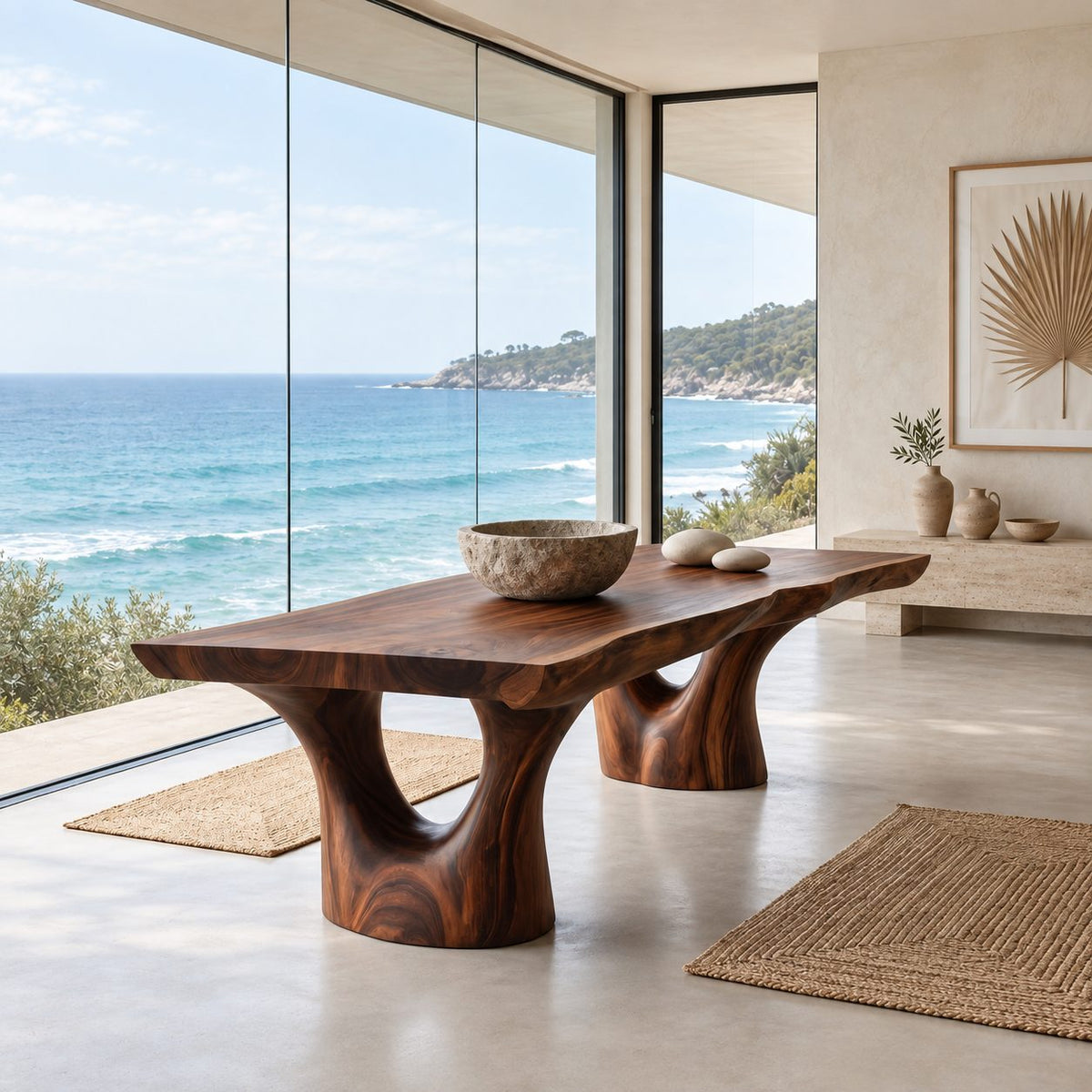 Arched Leg Live Edge Dining Table, Solid Wood Slab on Two Carved Trunk Legs with Open Arches, Seats 6-12