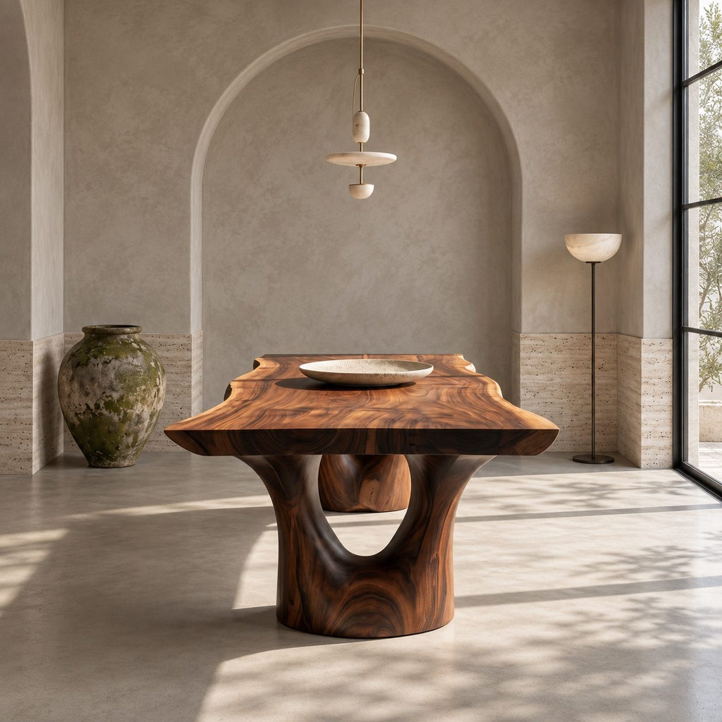 Arched Leg Live Edge Dining Table, Solid Wood Slab on Two Carved Trunk Legs with Open Arches, Seats 6-12