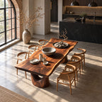 Arched Leg Live Edge Dining Table, Solid Wood Slab on Two Carved Trunk Legs with Open Arches, Seats 6-12