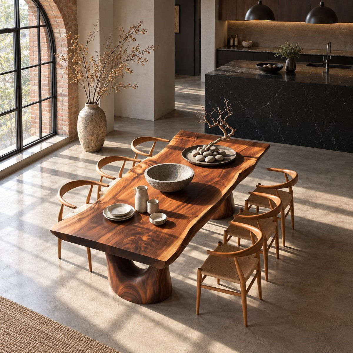 Arched Leg Live Edge Dining Table, Solid Wood Slab on Two Carved Trunk Legs with Open Arches, Seats 6-12