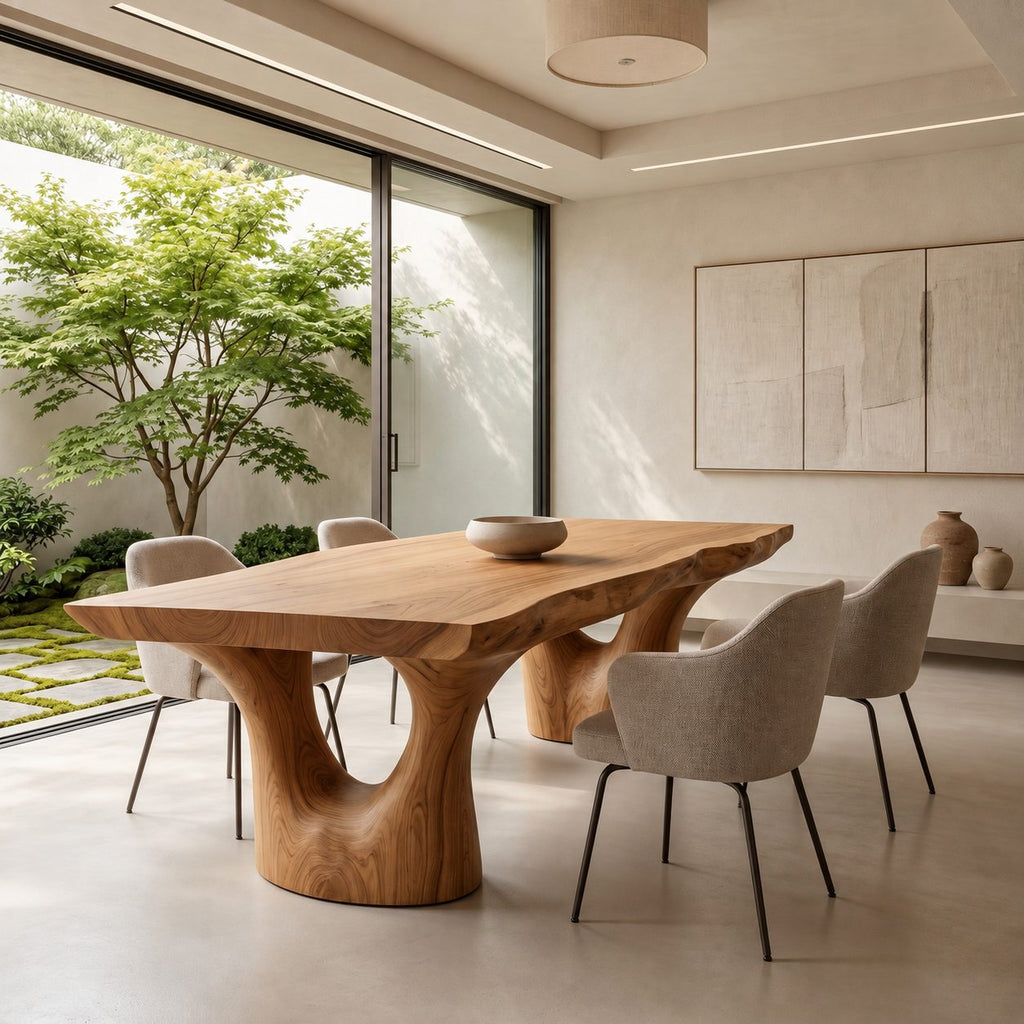 Arched Leg Live Edge Dining Table, Solid Wood Slab on Two Carved Trunk Legs with Open Arches, Seats 6-12