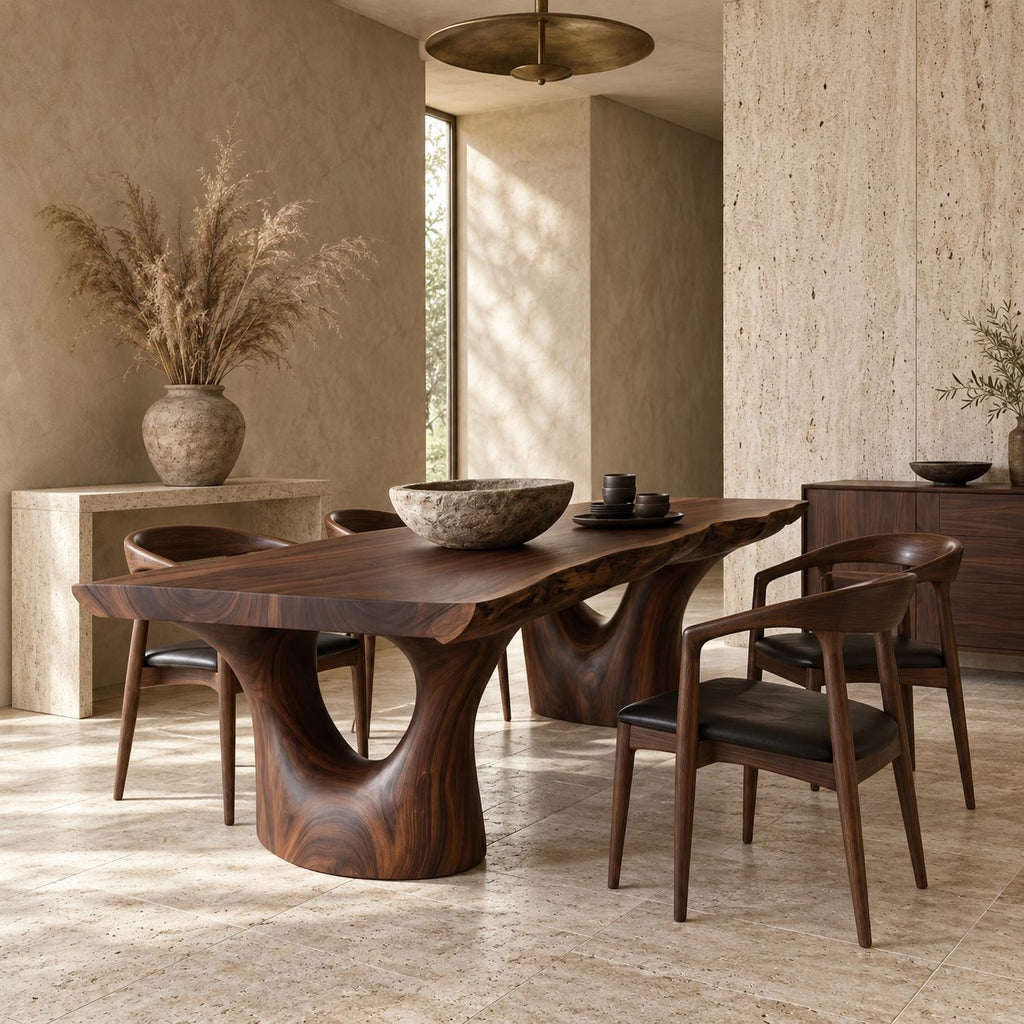 Arched Leg Live Edge Dining Table, Solid Wood Slab on Two Carved Trunk Legs with Open Arches, Seats 6-12