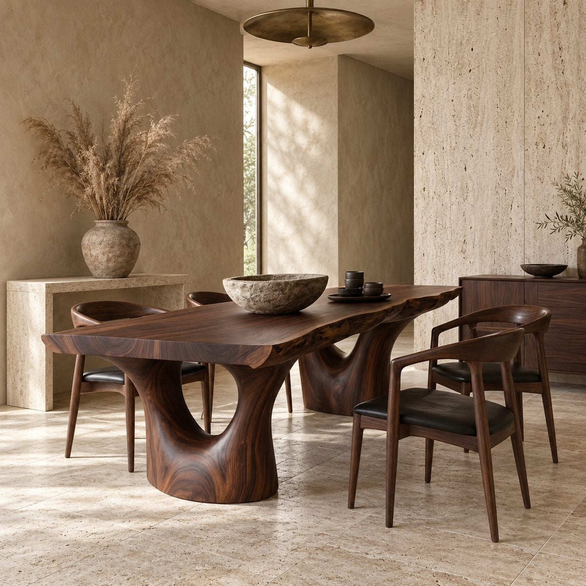 Arched Leg Live Edge Dining Table, Solid Wood Slab on Two Carved Trunk Legs with Open Arches, Seats 6-12