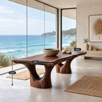 Arched Leg Live Edge Dining Table, Solid Wood Slab on Two Carved Trunk Legs with Open Arches, Seats 6-12