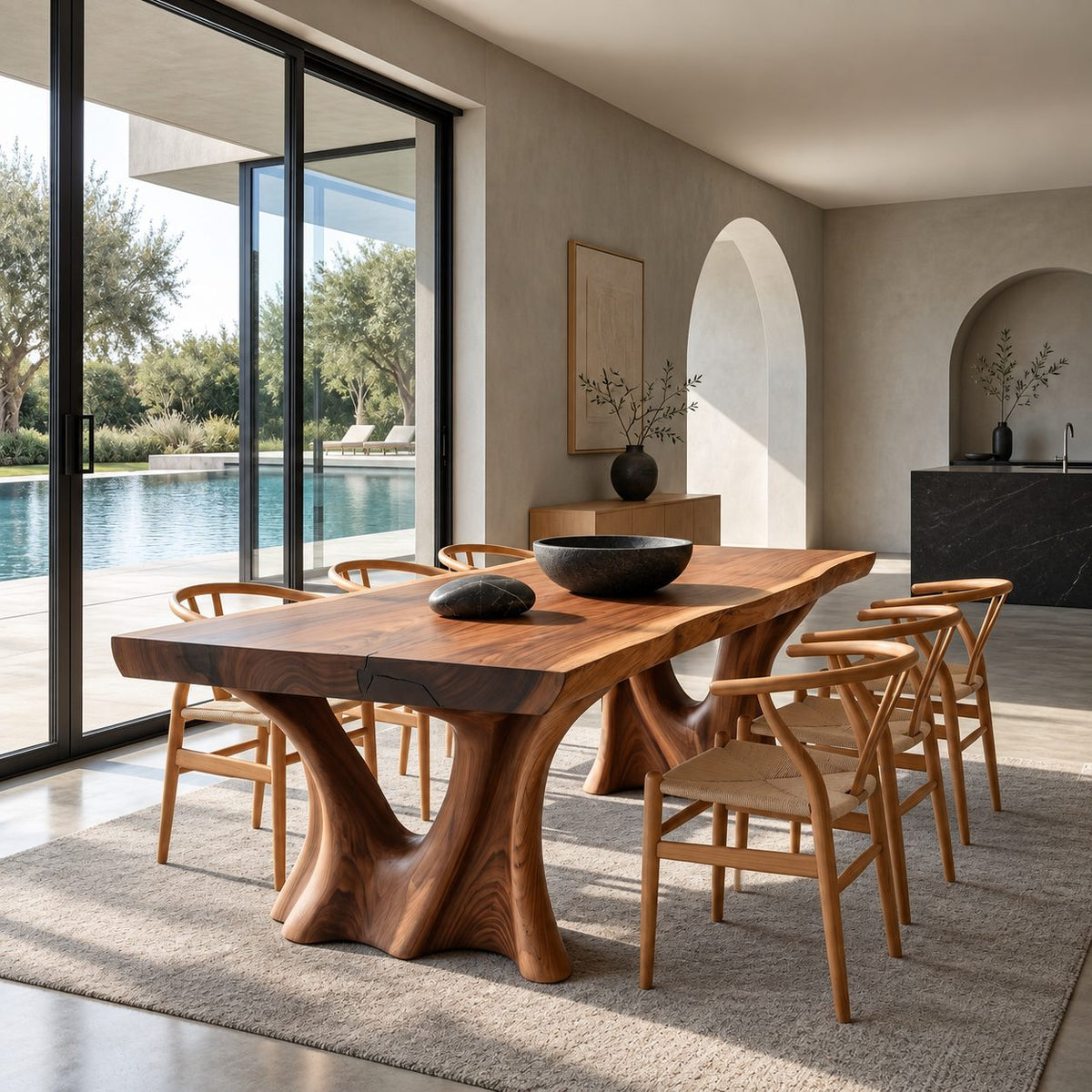 Root Leg Live Edge Dining Table, Solid Wood Slab on Two Carved Splayed Tree-Form Legs, Seats 6 to 12