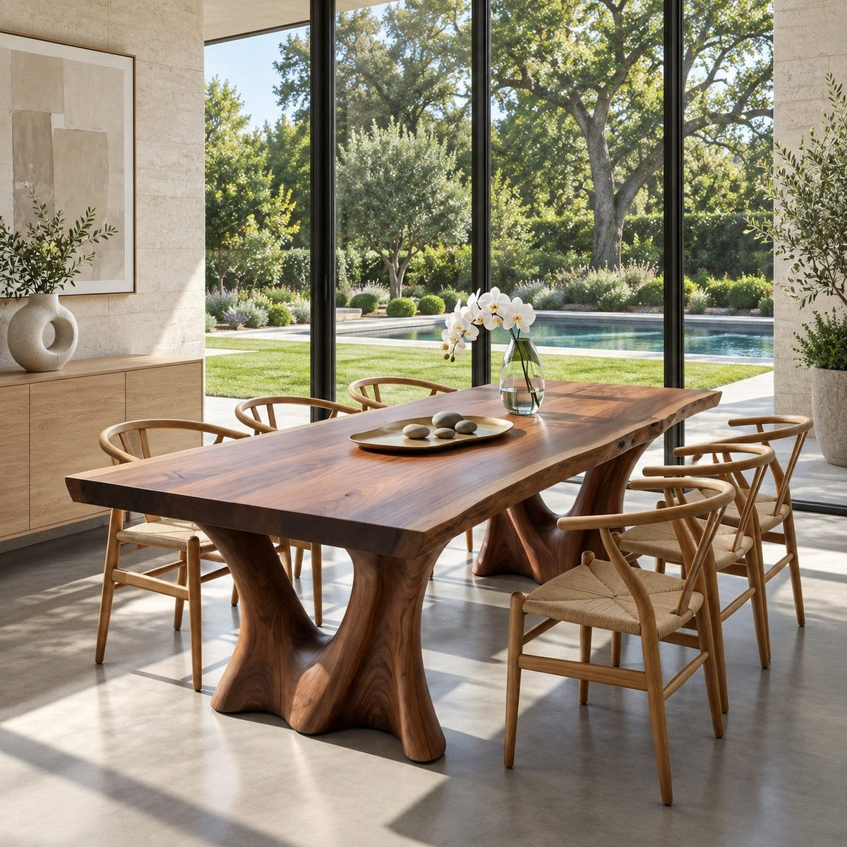 Root Leg Live Edge Dining Table, Solid Wood Slab on Two Carved Splayed Tree-Form Legs, Seats 6 to 12