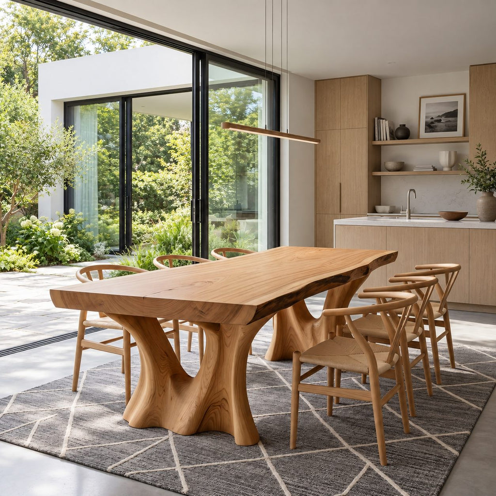 Root Leg Live Edge Dining Table, Solid Wood Slab on Two Carved Splayed Tree-Form Legs, Seats 6 to 12
