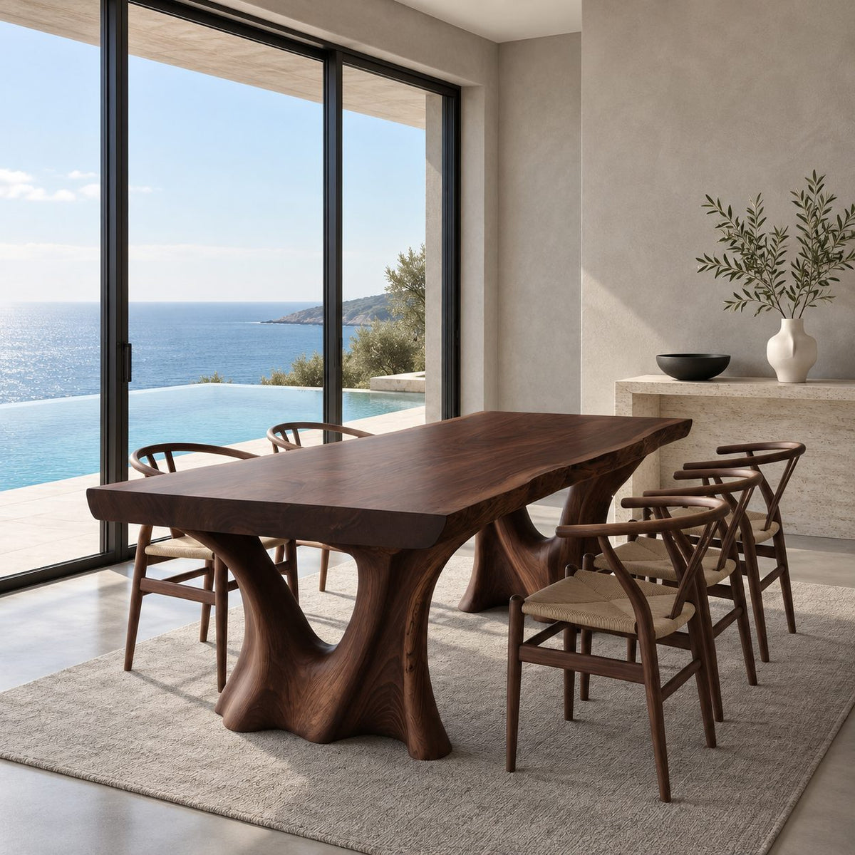 Root Leg Live Edge Dining Table, Solid Wood Slab on Two Carved Splayed Tree-Form Legs, Seats 6 to 12