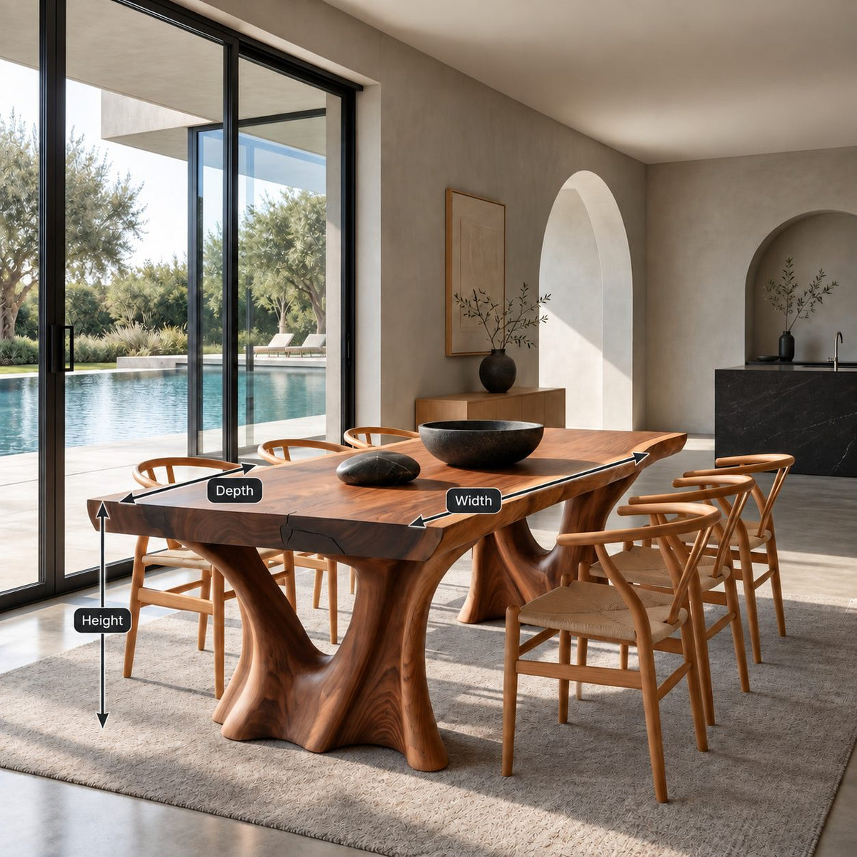 Root Leg Live Edge Dining Table, Solid Wood Slab on Two Carved Splayed Tree-Form Legs, Seats 6 to 12
