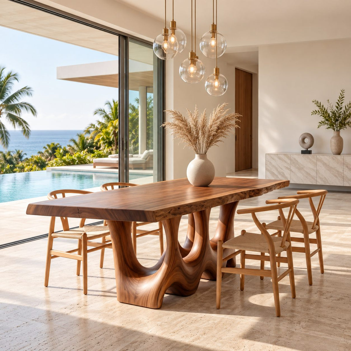 Hollow Carved Live Edge Dining Table, Solid Wood Slab on Two Organic Legs with Flowing Openings, Seats 6-12