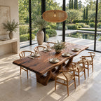 Hollow Carved Live Edge Dining Table, Solid Wood Slab on Two Organic Legs with Flowing Openings, Seats 6-12