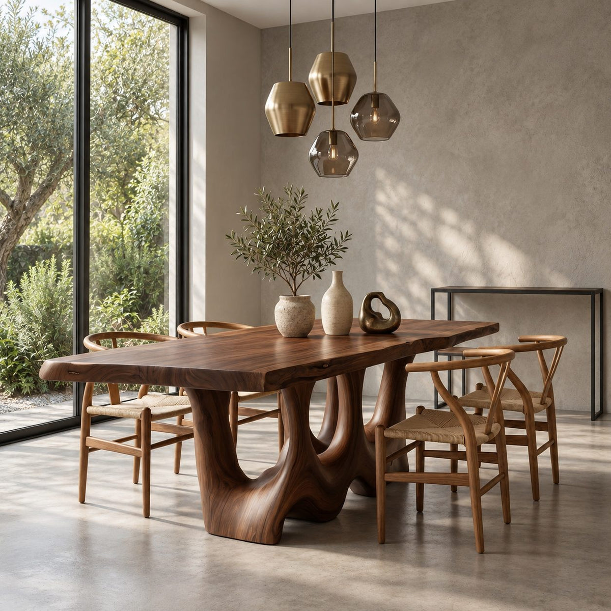 Hollow Carved Live Edge Dining Table, Solid Wood Slab on Two Organic Legs with Flowing Openings, Seats 6-12