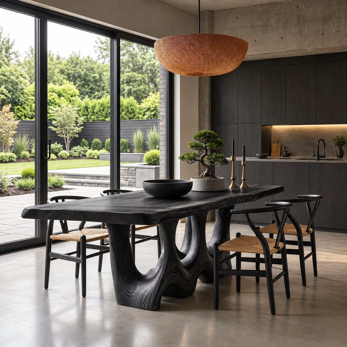 Hollow Carved Live Edge Dining Table, Solid Wood Slab on Two Organic Legs with Flowing Openings, Seats 6-12