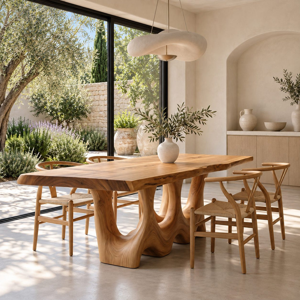 Hollow Carved Live Edge Dining Table, Solid Wood Slab on Two Organic Legs with Flowing Openings, Seats 6-12